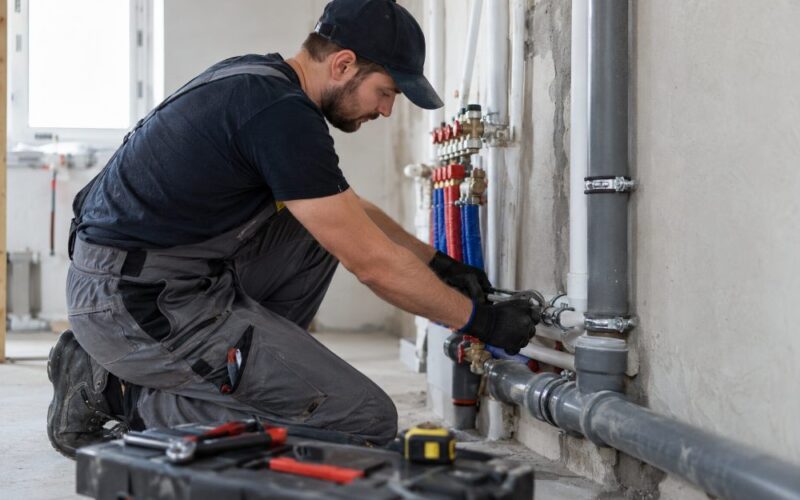 Instalator podczas montażu rur wodnych i kanalizacyjnych w budynku