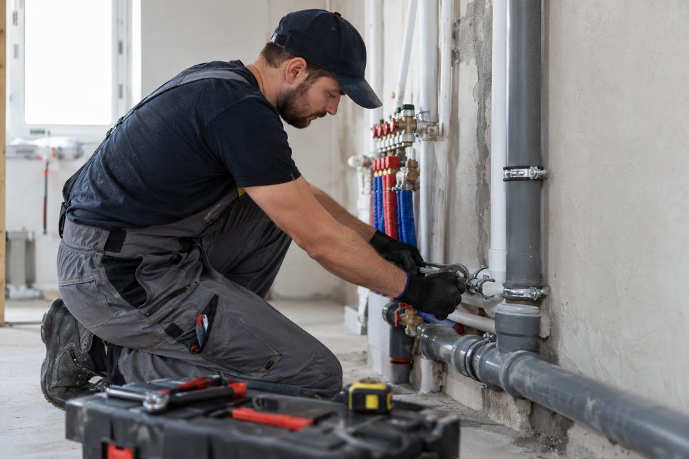 Instalator podczas montażu rur wodnych i kanalizacyjnych w budynku