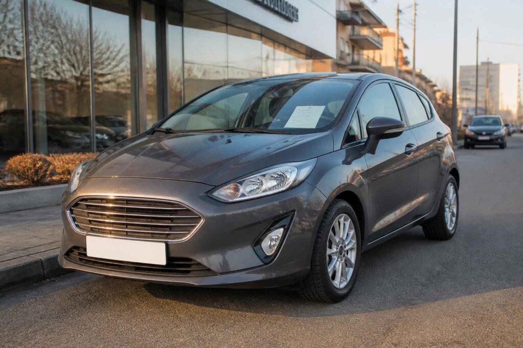 Szary Ford Fiesta zaparkowany przed salonem samochodowym przy ulicy