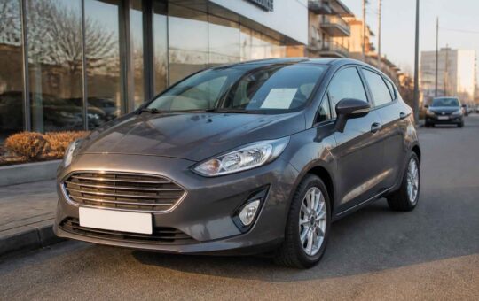 Szary Ford Fiesta zaparkowany przed salonem samochodowym przy ulicy