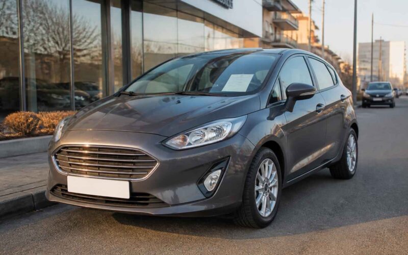 Szary Ford Fiesta zaparkowany przed salonem samochodowym przy ulicy